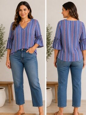 Katherine Barclay Blue Multi-Striped V-Neck bell sleeves Blouse L